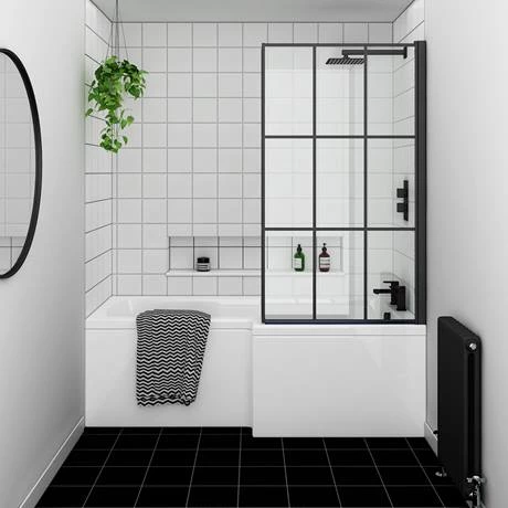 Arezzo Shower Bath - 1700mm L Shaped with Matt Black Grid Screen + Panel - Image 4