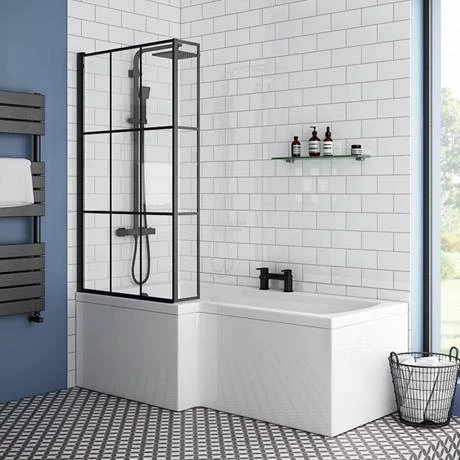 Arezzo Shower Bath - 1700mm L Shaped with Matt Black Grid Screen + Panel - Image 5