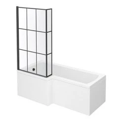 Arezzo Shower Bath - 1700mm L Shaped with Matt Black Grid Screen + Panel