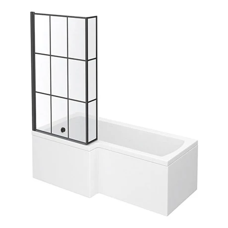 Arezzo Shower Bath - 1700mm L Shaped with Matt Black Grid Screen + Panel