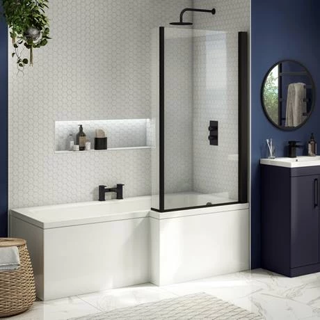 Arezzo Shower Bath - 1700mm L Shaped with Matt Black Screen + Panel - Image 5