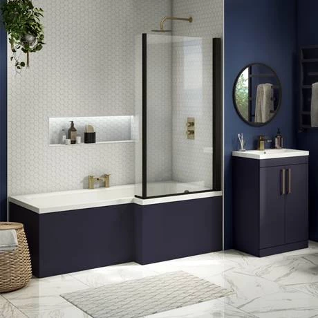 Arezzo Shower Bath - 1700mm L Shaped with Matt Black Screen + Matt Blue Panel - Image 3