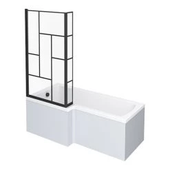Venice Shower Bath - 1700 L Shaped w. Matt Black Abstract Grid Screen + Satin White Panel